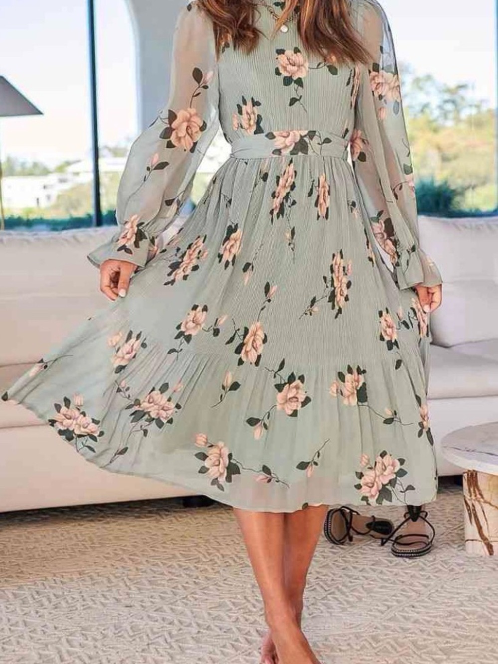ANRABESS Women's Floral Puff Sleeve Smocked Midi Dress, Floral Green, Size M - Picture 2 of 12